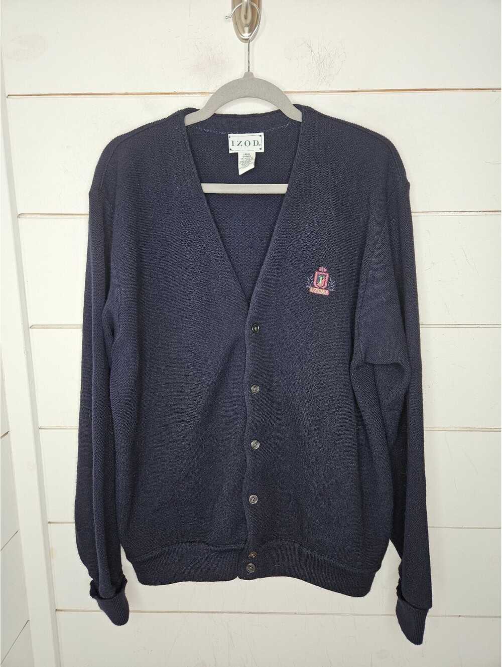 Vintage 90s Izod navy blue cardigan sweater with crest at chest